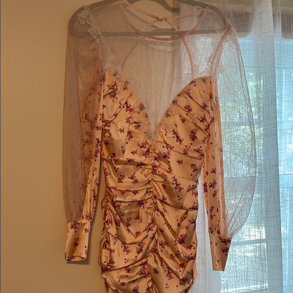 Floral Ruched Dress With Sheer Sleeves